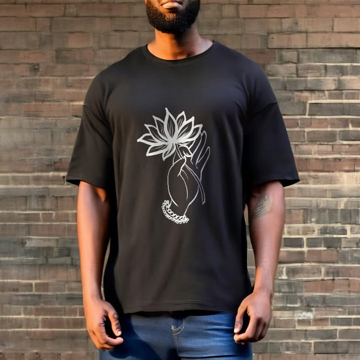 Buddha Stones Casual Hand Holding Lotus Flower Pattern Cotton Tee T-shirt - image 3