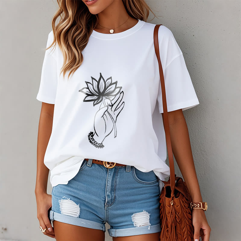 Buddha Stones Casual Hand Holding Lotus Flower Pattern Cotton Tee T-shirt - image 8