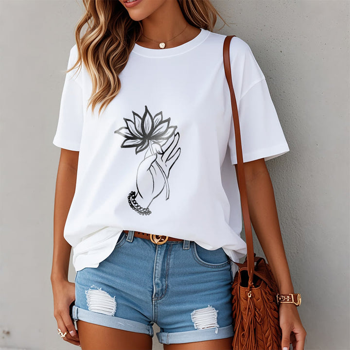 Buddha Stones Casual Hand Holding Lotus Flower Pattern Cotton Tee T-shirt - image 8