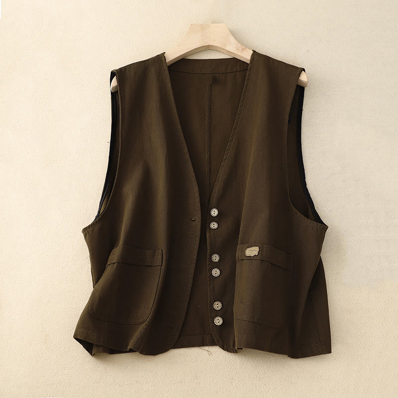 Buddha Stones Solid Color Front Buttons Sleeveless Women's Cotton Waistcoat With Pockets - SaddleBrown - US8-10,UK/AU12-14,EU40-42 (2XL) - image 9