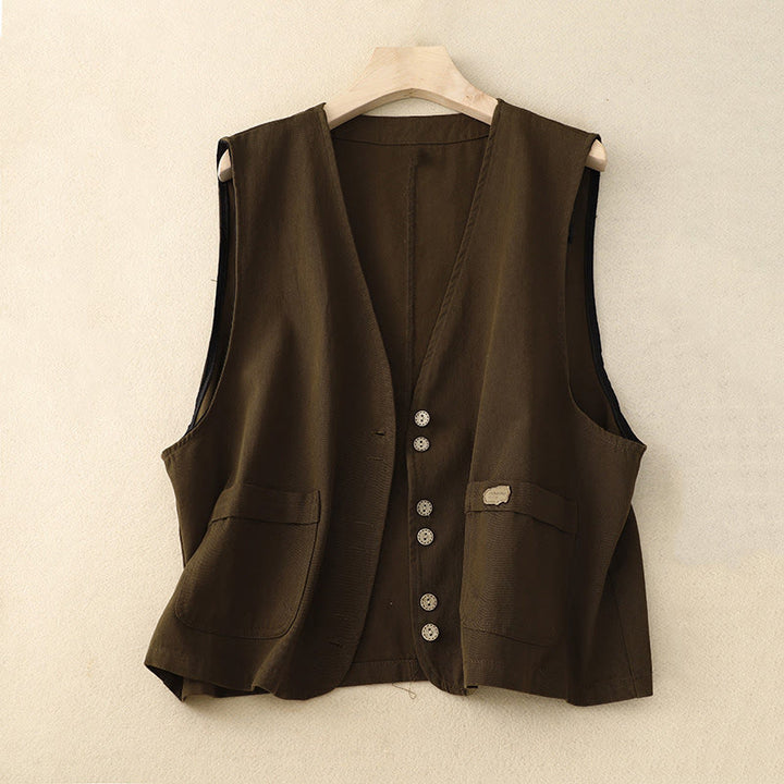 Buddha Stones Solid Color Front Buttons Sleeveless Women's Cotton Waistcoat With Pockets - SaddleBrown - US8-10,UK/AU12-14,EU40-42 (2XL) - image 9