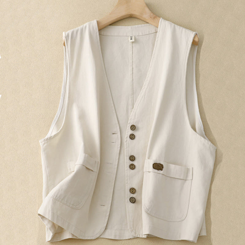 Buddha Stones Solid Color Front Buttons Sleeveless Women's Cotton Waistcoat With Pockets - Beige - US8-10,UK/AU12-14,EU40-42 (2XL) - image 14
