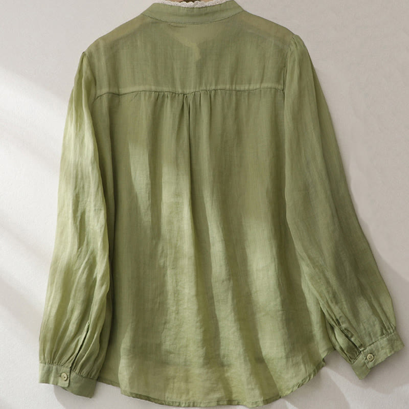 Buddha Stones Pure Color Lace Design Long Lantern Sleeve Women's Cotton Linen Shirt - image 2