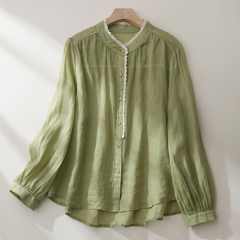 Buddha Stones Pure Color Lace Design Long Lantern Sleeve Women's Cotton Linen Shirt - YellowGreen - US14,UK/AU18,EU46 (2XL) - image 1