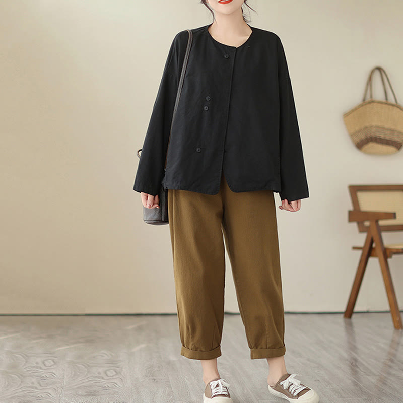 Buddha Stones Spring Plain Asymmetry Design Long Sleeve Women's Cotton Linen Jacket With Pockets - image 24