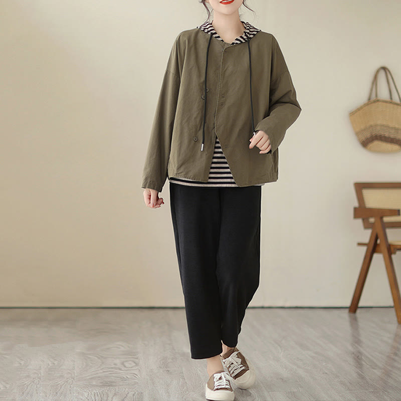 Buddha Stones Spring Plain Asymmetry Design Long Sleeve Women's Cotton Linen Jacket With Pockets - image 17