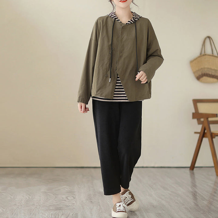 Buddha Stones Spring Plain Asymmetry Design Long Sleeve Women's Cotton Linen Jacket With Pockets - image 17