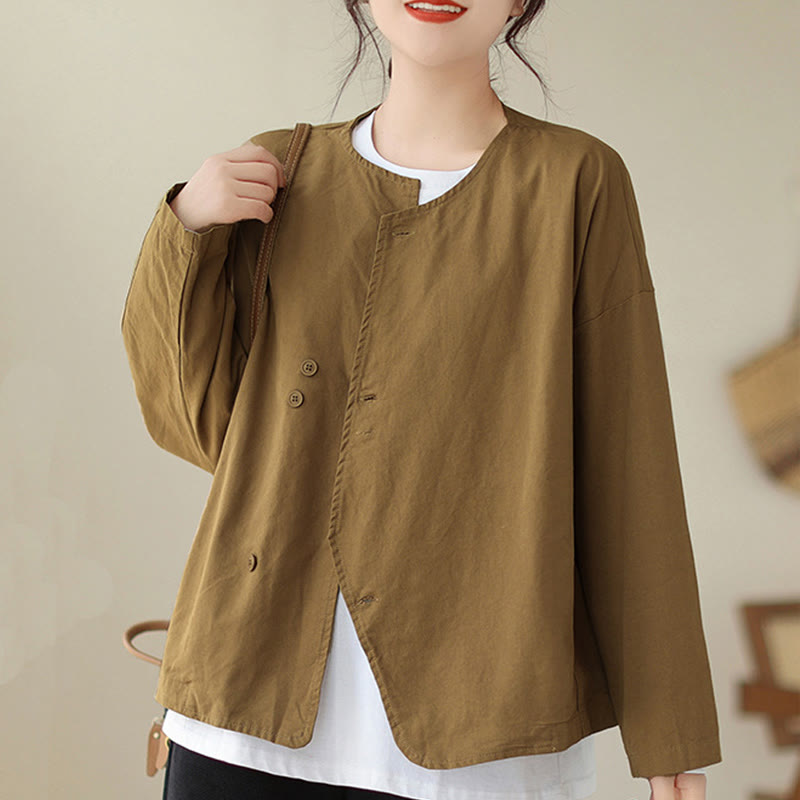 Buddha Stones Spring Plain Asymmetry Design Long Sleeve Women's Cotton Linen Jacket With Pockets - image 8