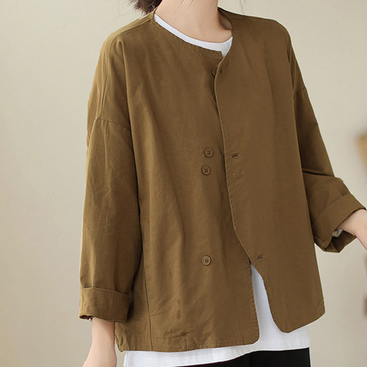Buddha Stones Spring Plain Asymmetry Design Long Sleeve Women's Cotton Linen Jacket With Pockets - DarkGoldenrod - US12,UK/AU16,EU44 (2XL) - image 6