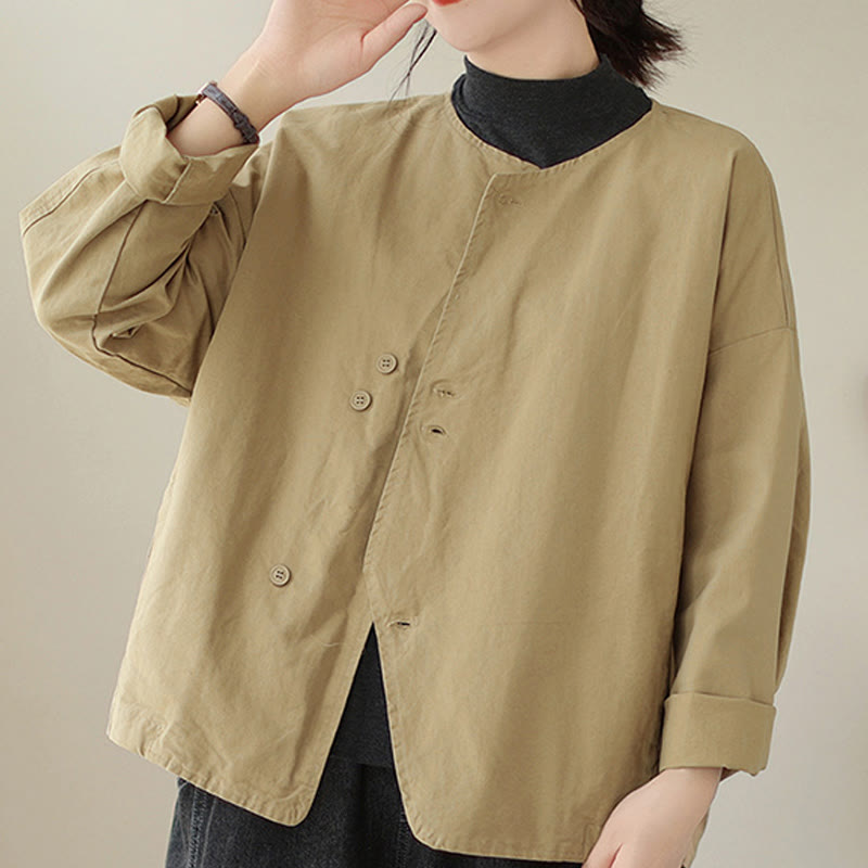 Buddha Stones Spring Plain Asymmetry Design Long Sleeve Women's Cotton Linen Jacket With Pockets - PaleGoldenrod - US12,UK/AU16,EU44 (2XL) - image 1