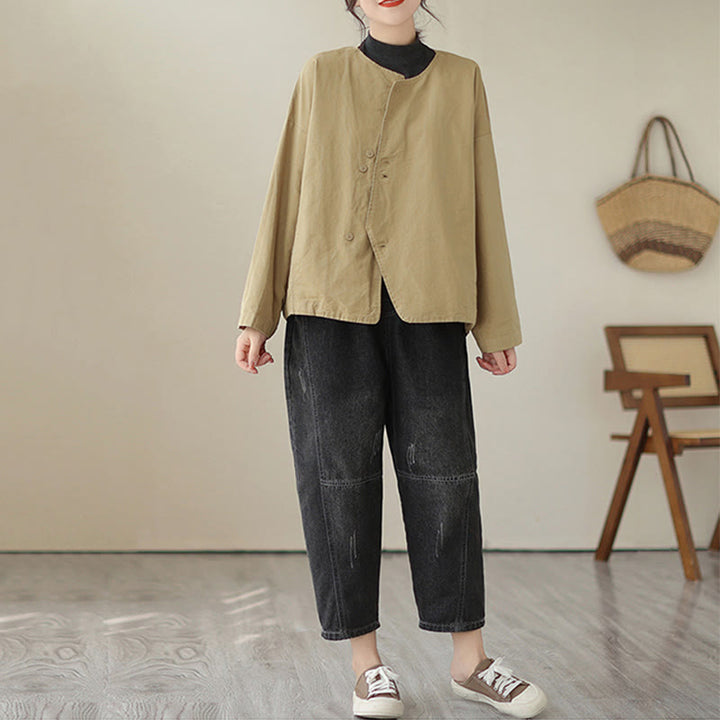 Buddha Stones Spring Plain Asymmetry Design Long Sleeve Women's Cotton Linen Jacket With Pockets - image 4