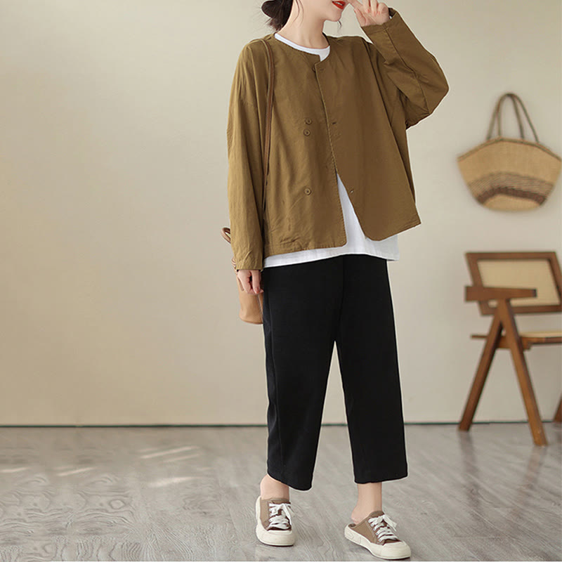 Buddha Stones Spring Plain Asymmetry Design Long Sleeve Women's Cotton Linen Jacket With Pockets - image 10