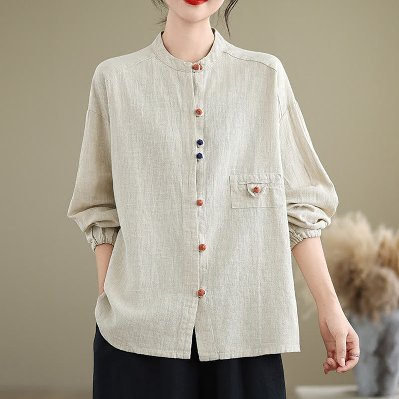 Buddha Stones Colorful Buttons Design Long Sleeve Women's Cotton Linen Shirt - image 2