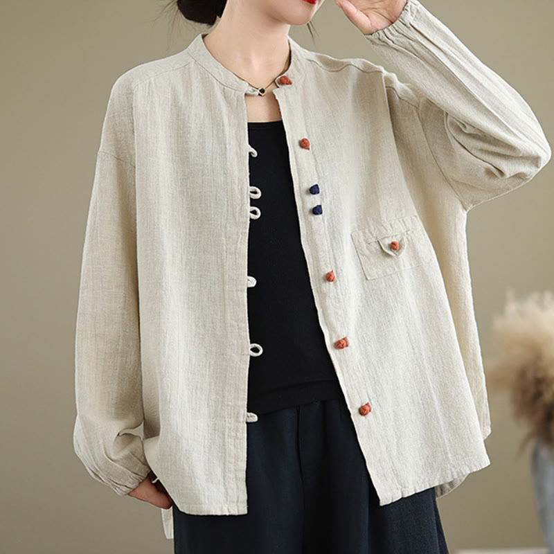 Buddha Stones Colorful Buttons Design Long Sleeve Women's Cotton Linen Shirt - Beige - US14,UK/AU18,EU46 (2XL) - image 1