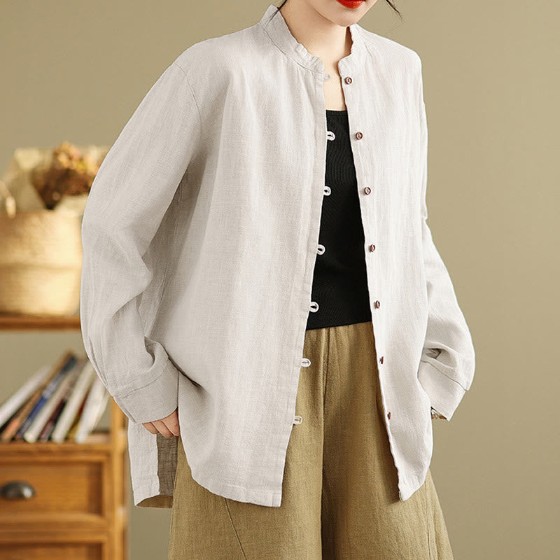 Buddha Stones Solid Color Front Buttons Design Long Sleeve Women's Cotton Linen Shirt - Linen - US14,UK/AU18,EU46 (2XL) - image 1