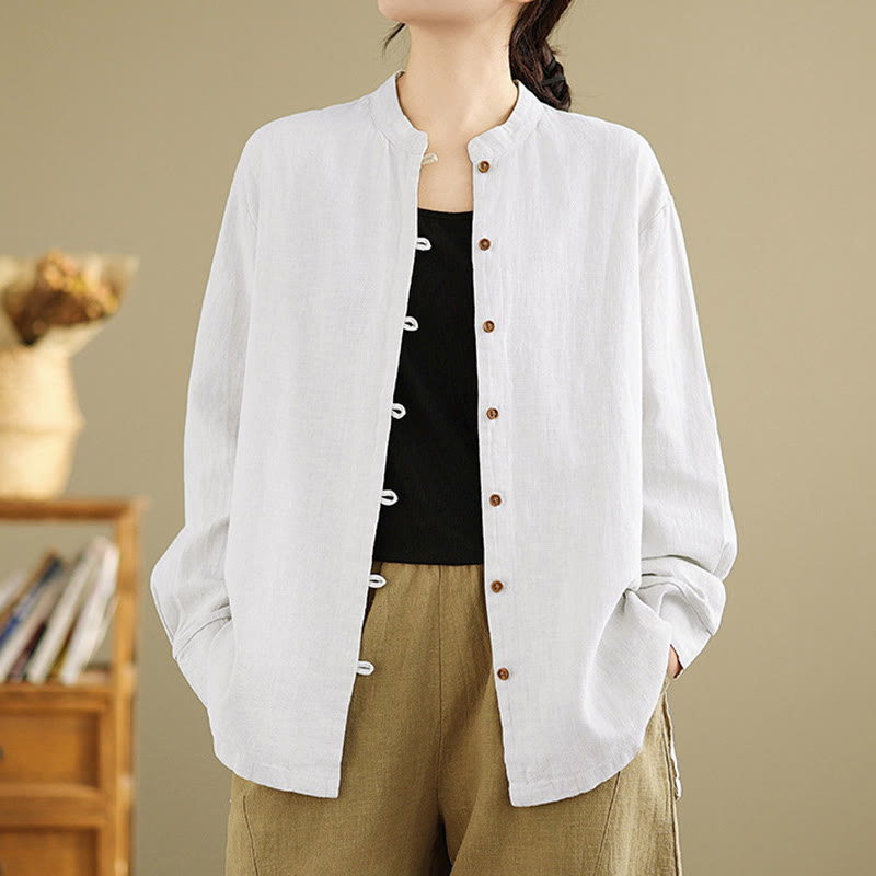 Buddha Stones Solid Color Front Buttons Design Long Sleeve Women's Cotton Linen Shirt - White - US14,UK/AU18,EU46 (2XL) - image 10