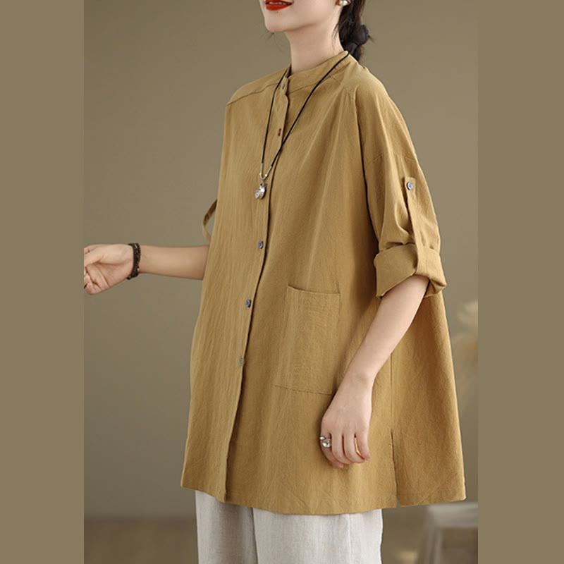 Buddha Stones Commute Pure Color Long Sleeve Women's Cotton Linen Shirt With Pocket - image 2