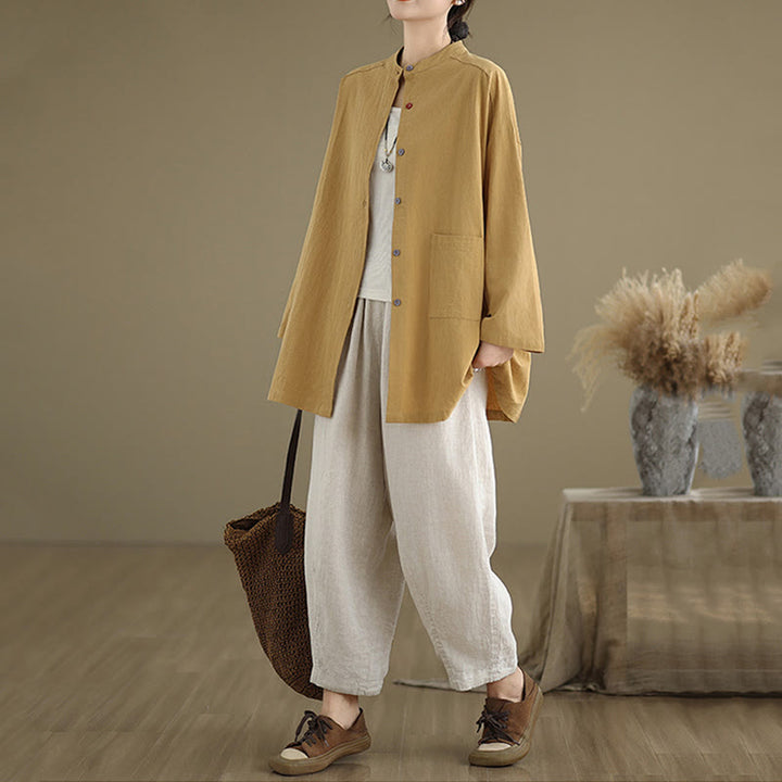 Buddha Stones Commute Pure Color Long Sleeve Women's Cotton Linen Shirt With Pocket - image 6