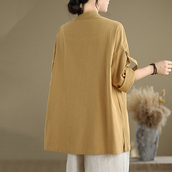 Buddha Stones Commute Pure Color Long Sleeve Women's Cotton Linen Shirt With Pocket - image 3