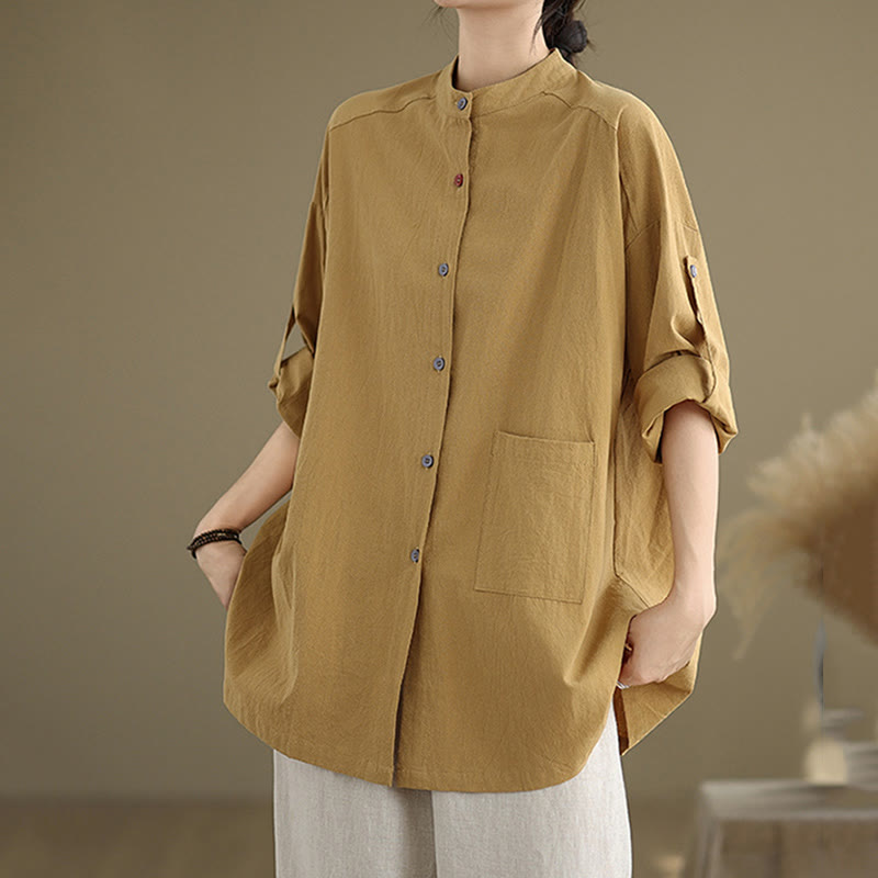 Buddha Stones Commute Pure Color Long Sleeve Women's Cotton Linen Shirt With Pocket - image 4
