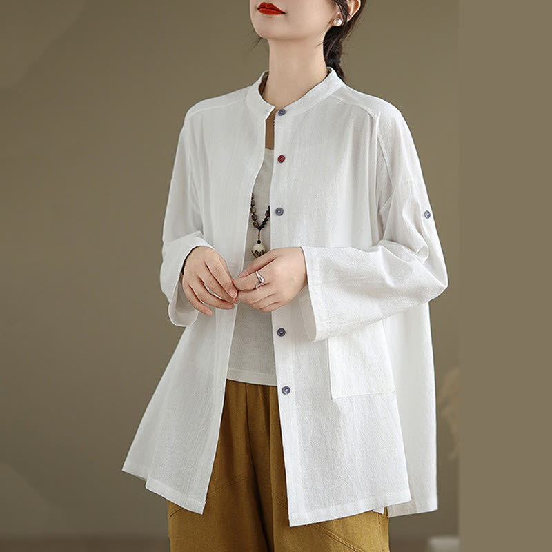 Buddha Stones Commute Pure Color Long Sleeve Women's Cotton Linen Shirt With Pocket - image 13