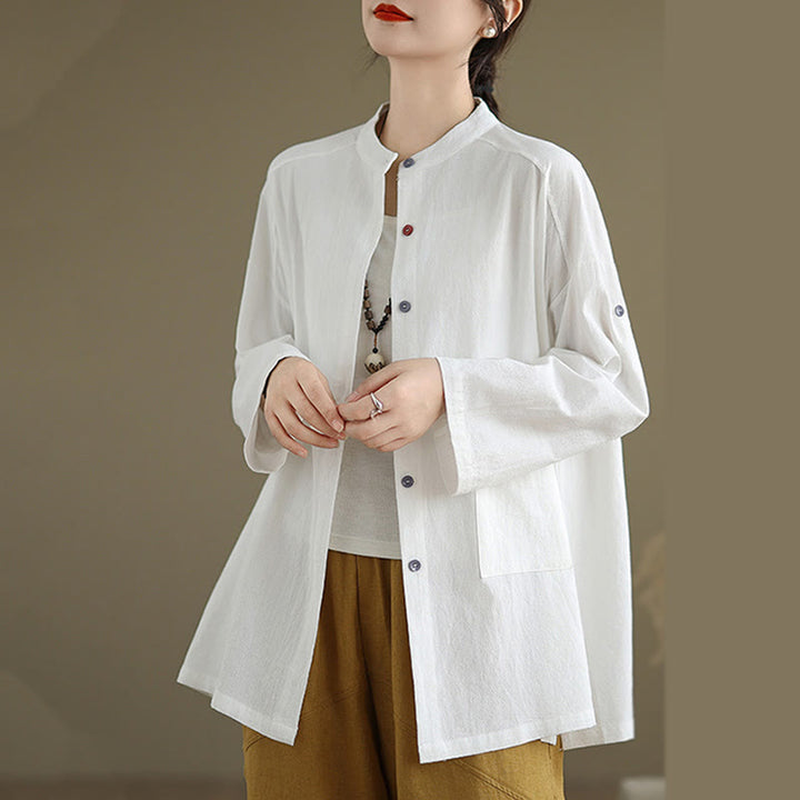 Buddha Stones Commute Pure Color Long Sleeve Women's Cotton Linen Shirt With Pocket - image 13