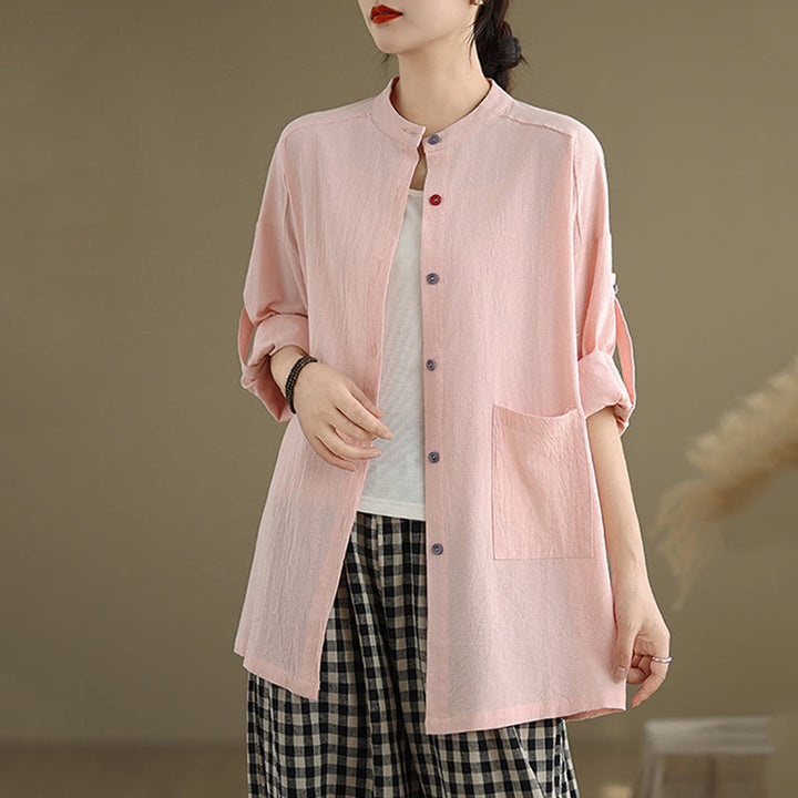 Buddha Stones Commute Pure Color Long Sleeve Women's Cotton Linen Shirt With Pocket - image 19