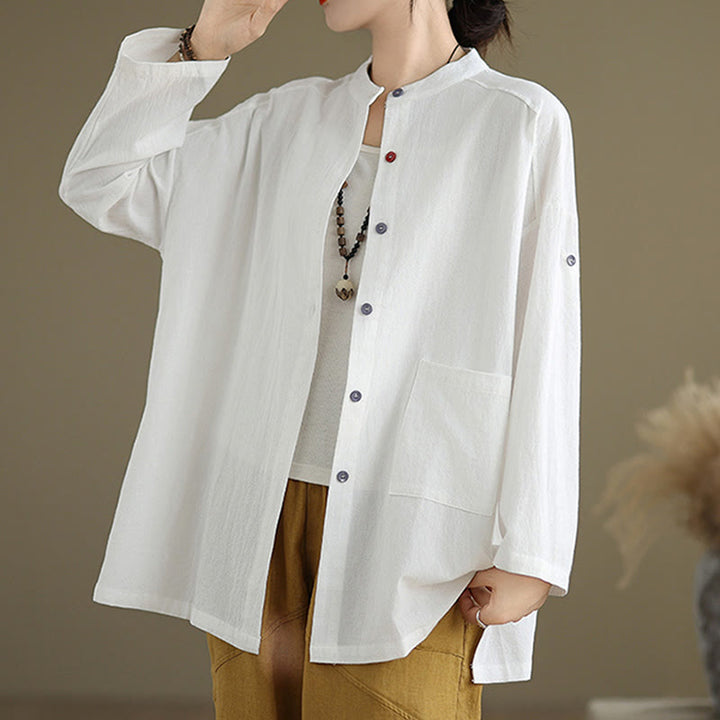 Buddha Stones Commute Pure Color Long Sleeve Women's Cotton Linen Shirt With Pocket - image 14