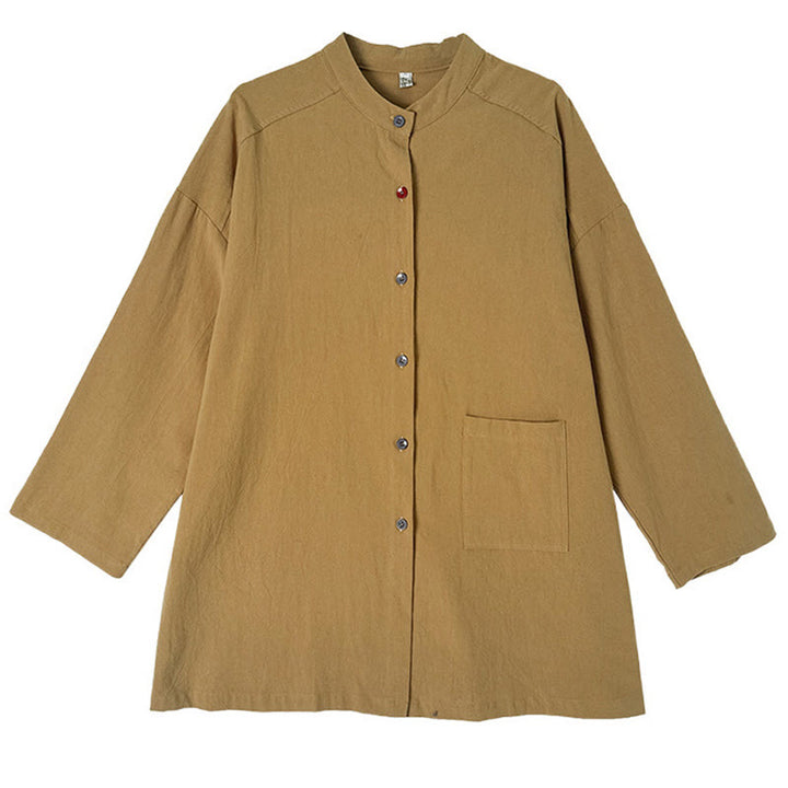 Buddha Stones Commute Pure Color Long Sleeve Women's Cotton Linen Shirt With Pocket - image 11