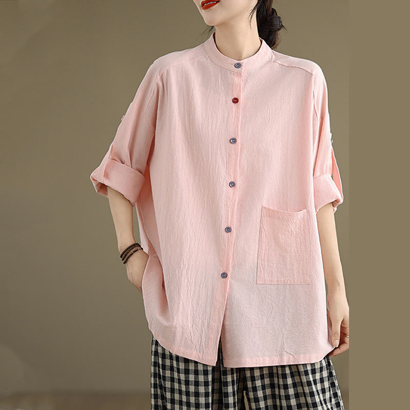 Buddha Stones Commute Pure Color Long Sleeve Women's Cotton Linen Shirt With Pocket - image 22