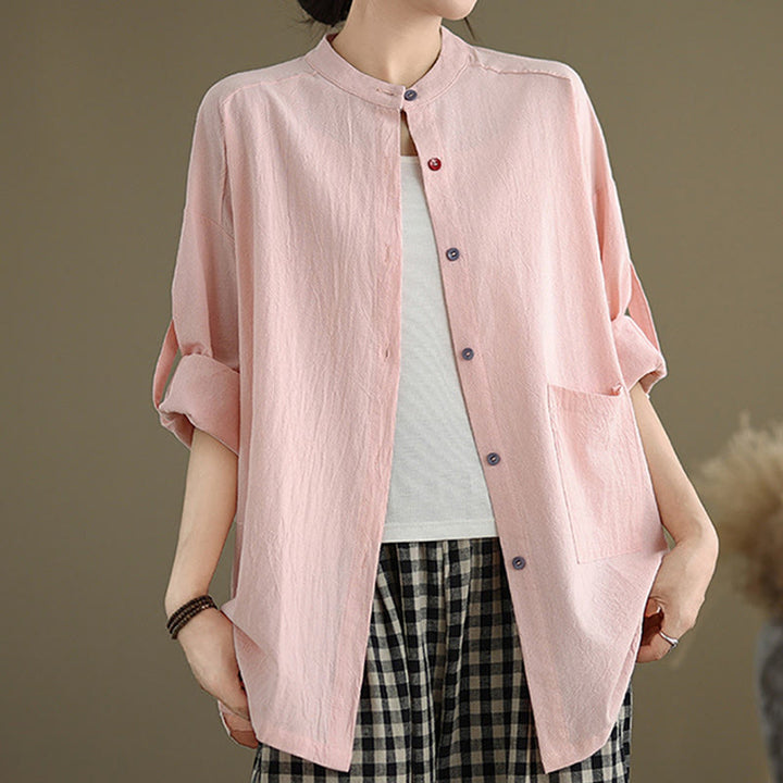 Buddha Stones Commute Pure Color Long Sleeve Women's Cotton Linen Shirt With Pocket - image 18