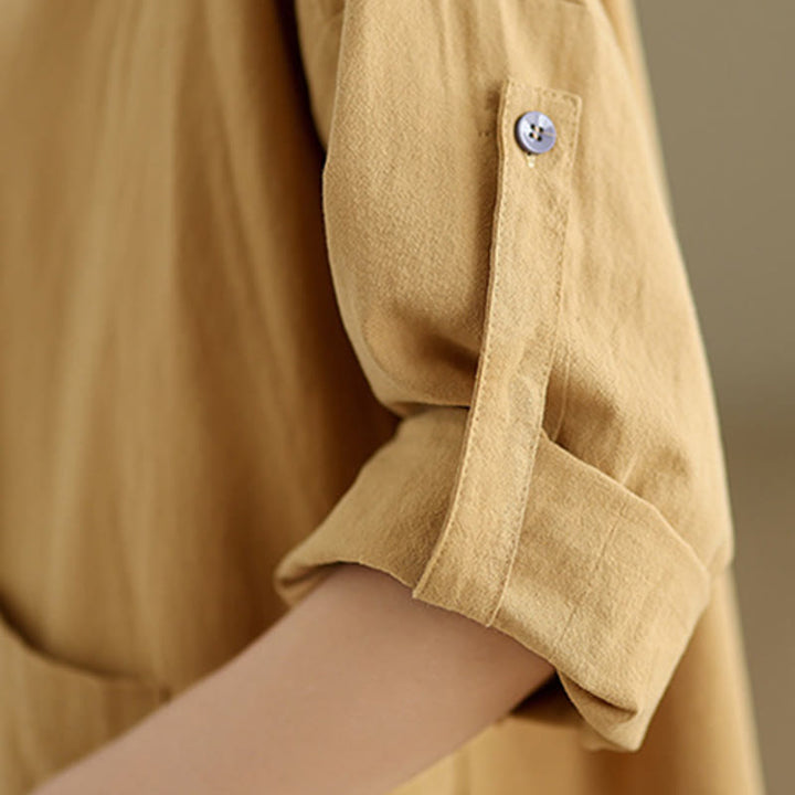 Buddha Stones Commute Pure Color Long Sleeve Women's Cotton Linen Shirt With Pocket - image 9