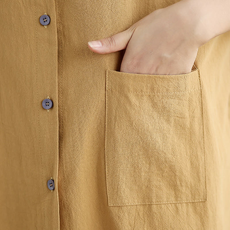 Buddha Stones Commute Pure Color Long Sleeve Women's Cotton Linen Shirt With Pocket - image 10