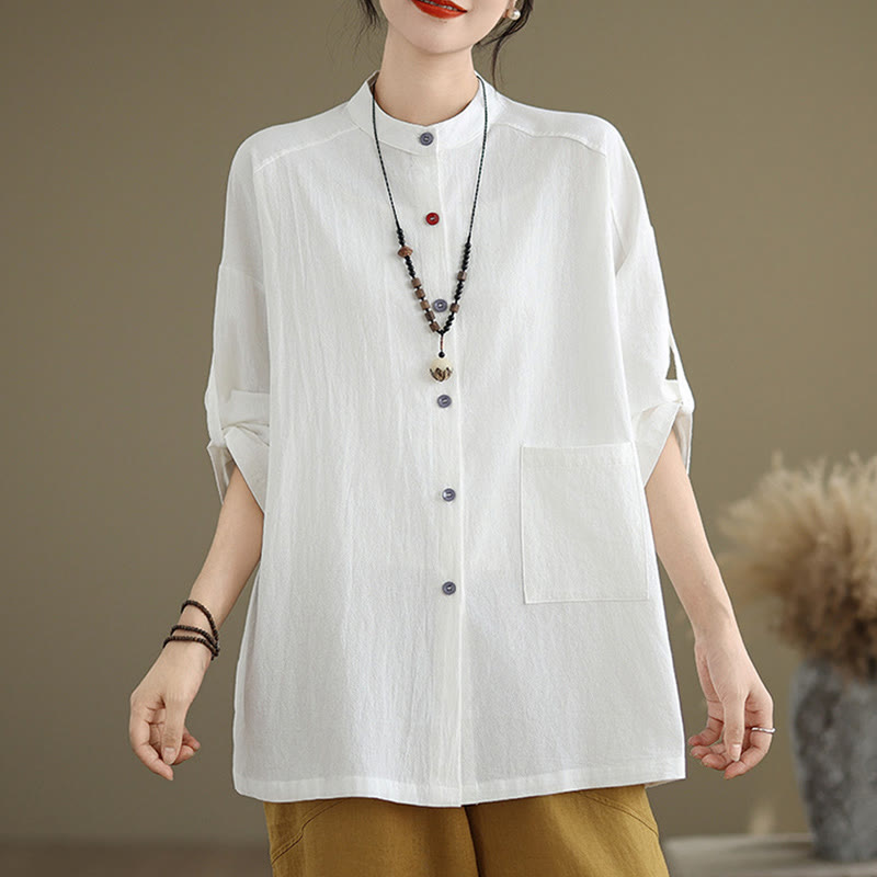 Buddha Stones Commute Pure Color Long Sleeve Women's Cotton Linen Shirt With Pocket - White - US14,UK/AU18,EU46 (2XL) - image 12
