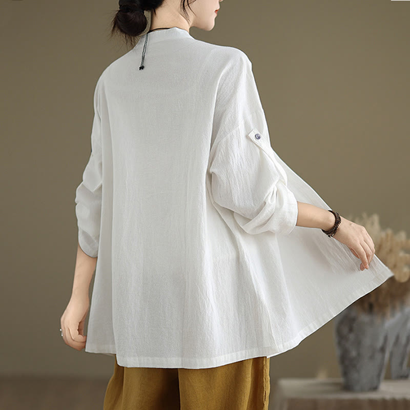 Buddha Stones Commute Pure Color Long Sleeve Women's Cotton Linen Shirt With Pocket - image 15