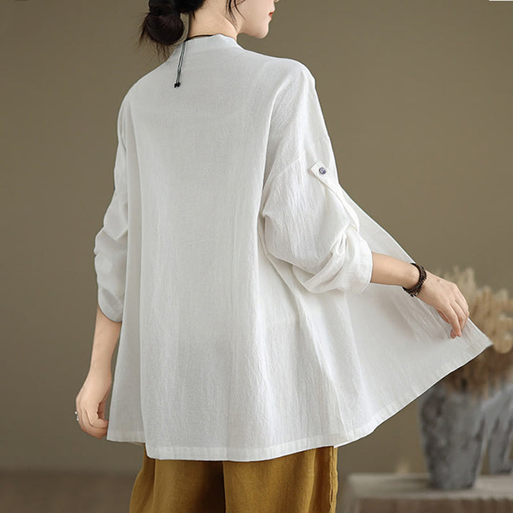 Buddha Stones Commute Pure Color Long Sleeve Women's Cotton Linen Shirt With Pocket - image 15