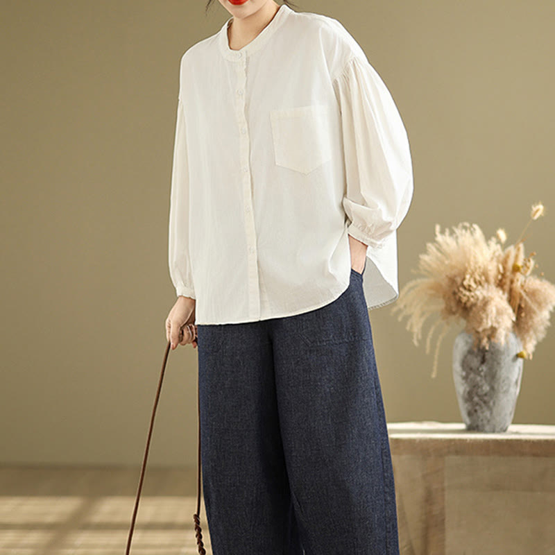 Buddha Stones Commute Half Buttons Accordion Pleats Design Women's Cotton Linen Long Sleeve Shirt - image 24