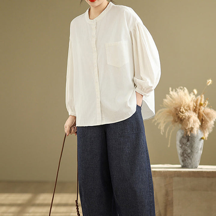 Buddha Stones Commute Half Buttons Accordion Pleats Design Women's Cotton Linen Long Sleeve Shirt - image 24