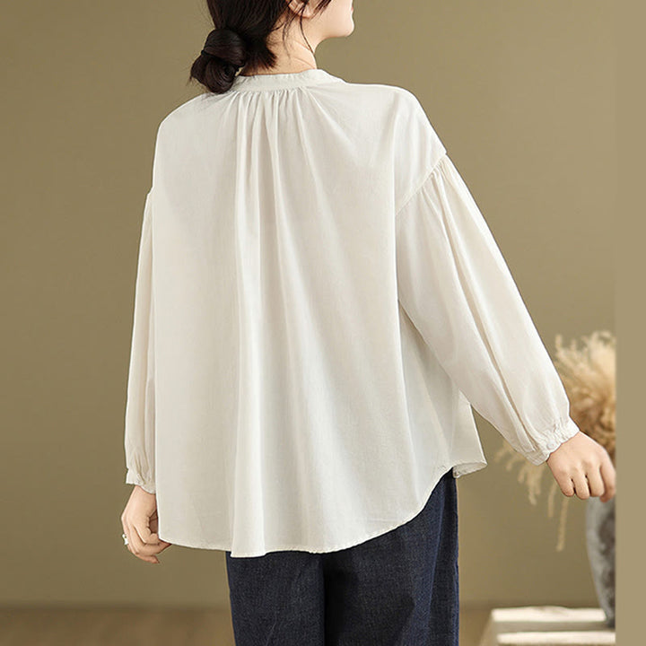 Buddha Stones Commute Half Buttons Accordion Pleats Design Women's Cotton Linen Long Sleeve Shirt - image 20