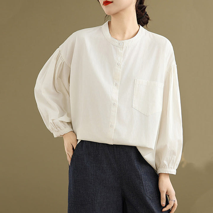 Buddha Stones Commute Half Buttons Accordion Pleats Design Women's Cotton Linen Long Sleeve Shirt - image 21