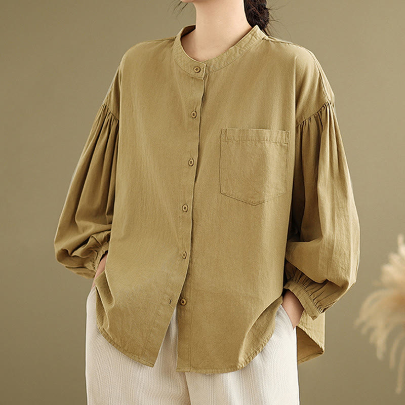 Buddha Stones Commute Half Buttons Accordion Pleats Design Women's Cotton Linen Long Sleeve Shirt - DarkGoldenrod - US8-10,UK/AU12-14,EU40-42 (2XL) - image 1