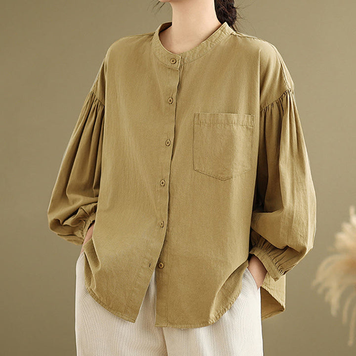Buddha Stones Commute Half Buttons Accordion Pleats Design Women's Cotton Linen Long Sleeve Shirt - DarkGoldenrod - US8-10,UK/AU12-14,EU40-42 (2XL) - image 1