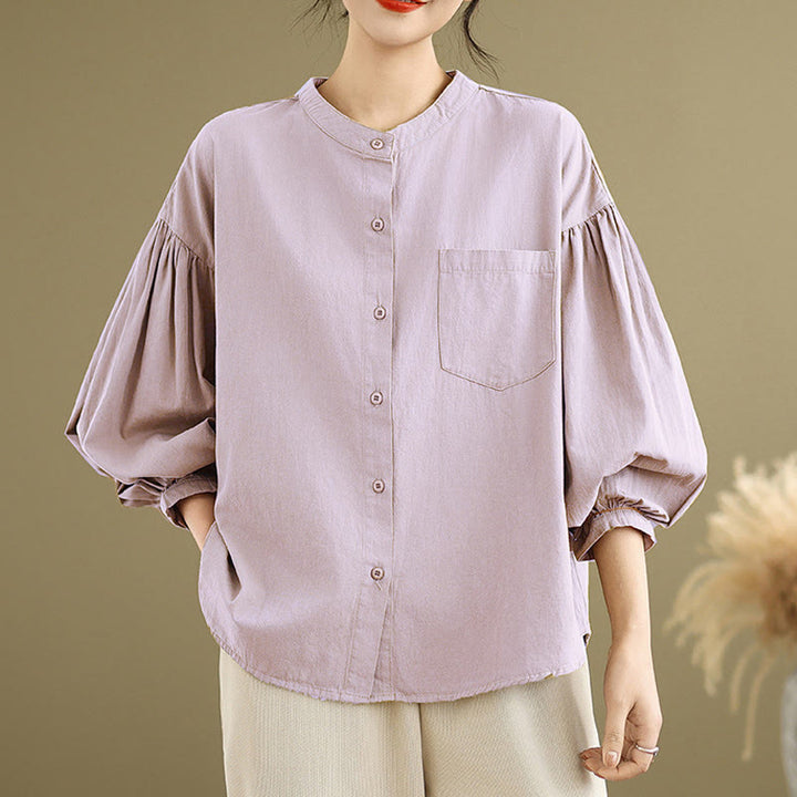 Buddha Stones Commute Half Buttons Accordion Pleats Design Women's Cotton Linen Long Sleeve Shirt - Thistle - US8-10,UK/AU12-14,EU40-42 (2XL) - image 13