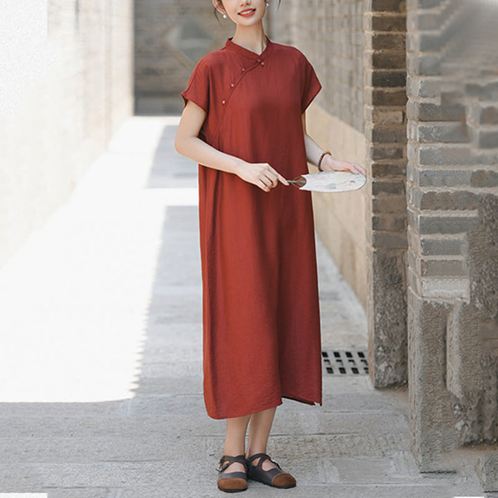 Buddha Stones Plain Cheongsam Lace-Up Design Cotton Linen Short Sleeve Midi Dress - image 6