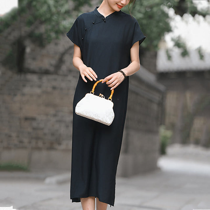 Buddha Stones Plain Cheongsam Lace-Up Design Cotton Linen Short Sleeve Midi Dress - image 16