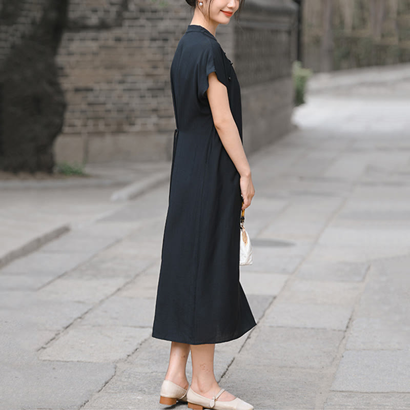 Buddha Stones Plain Cheongsam Lace-Up Design Cotton Linen Short Sleeve Midi Dress - image 18