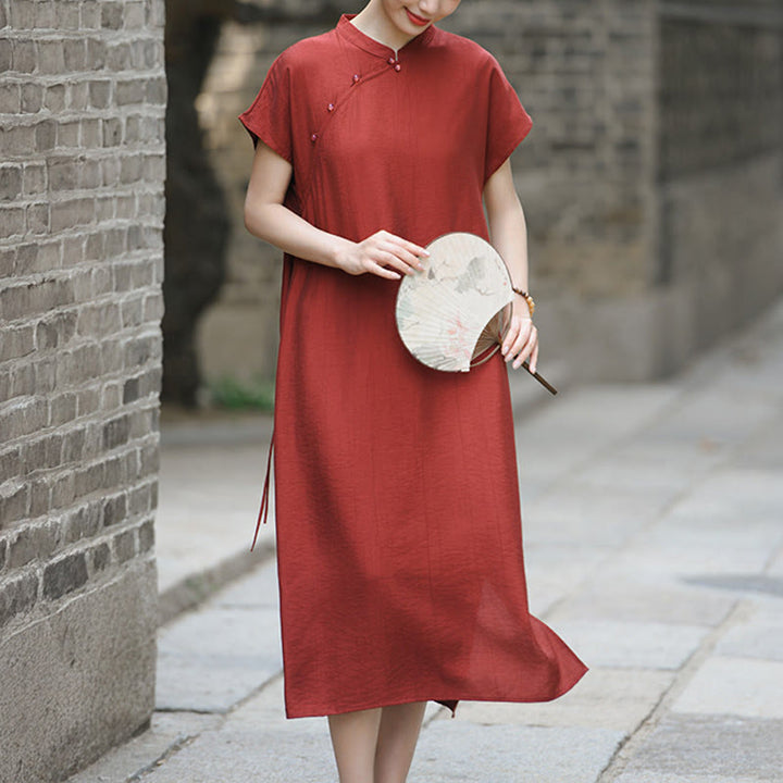 Buddha Stones Plain Cheongsam Lace-Up Design Cotton Linen Short Sleeve Midi Dress - FireBrick - US8-10,UK/AU12-14,EU40-42 (2XL) - image 1