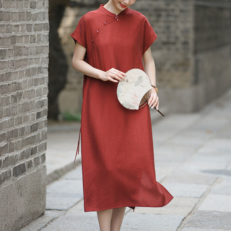 Buddha Stones Plain Cheongsam Lace-Up Design Cotton Linen Short Sleeve Midi Dress - FireBrick - US8-10,UK/AU12-14,EU40-42 (2XL) - image 1