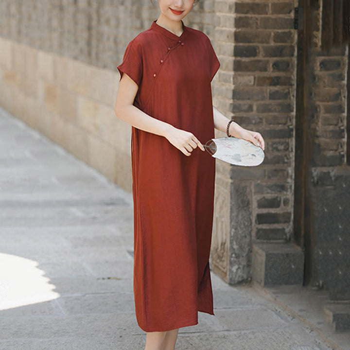 Buddha Stones Plain Cheongsam Lace-Up Design Cotton Linen Short Sleeve Midi Dress - image 4