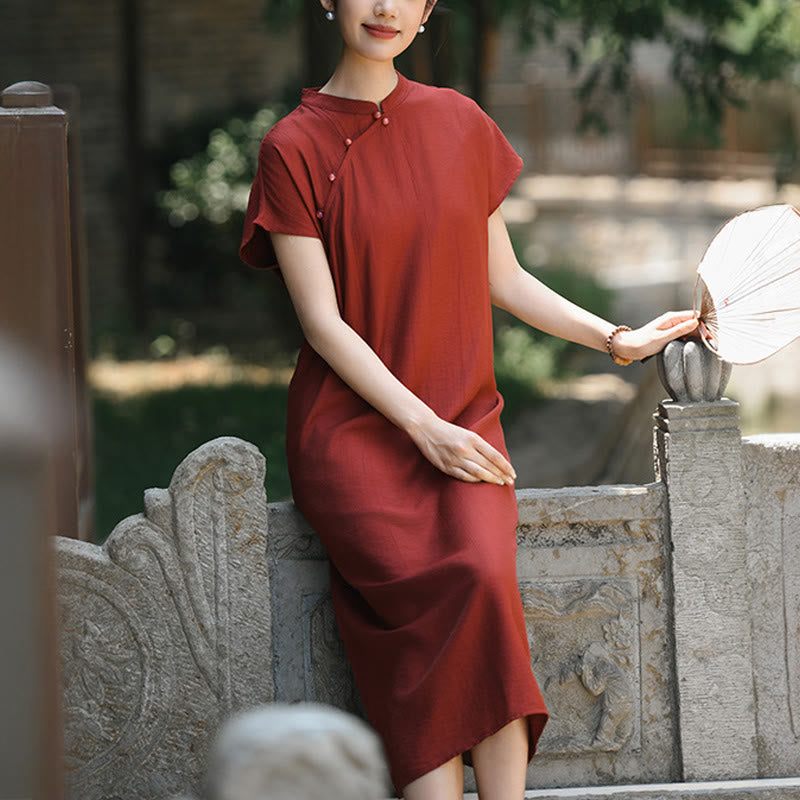 Buddha Stones Plain Cheongsam Lace-Up Design Cotton Linen Short Sleeve Midi Dress - image 10